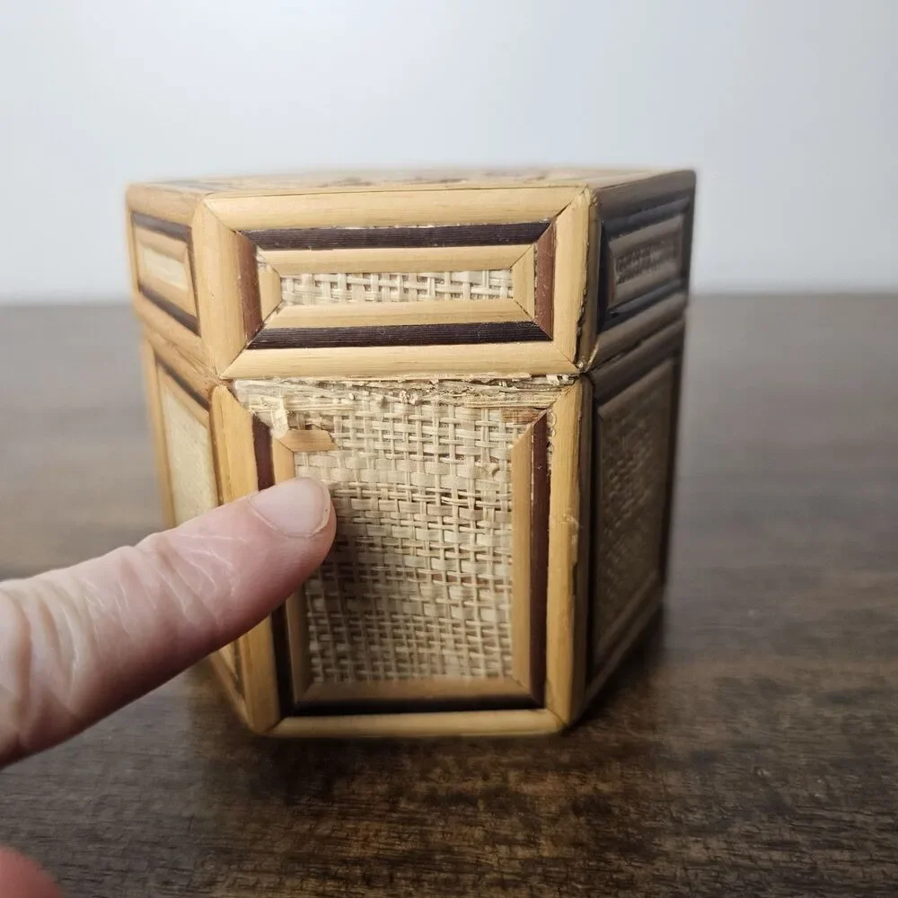 Small Vintage Woven Bamboo Hexagon Box Pyrography Red Velvet